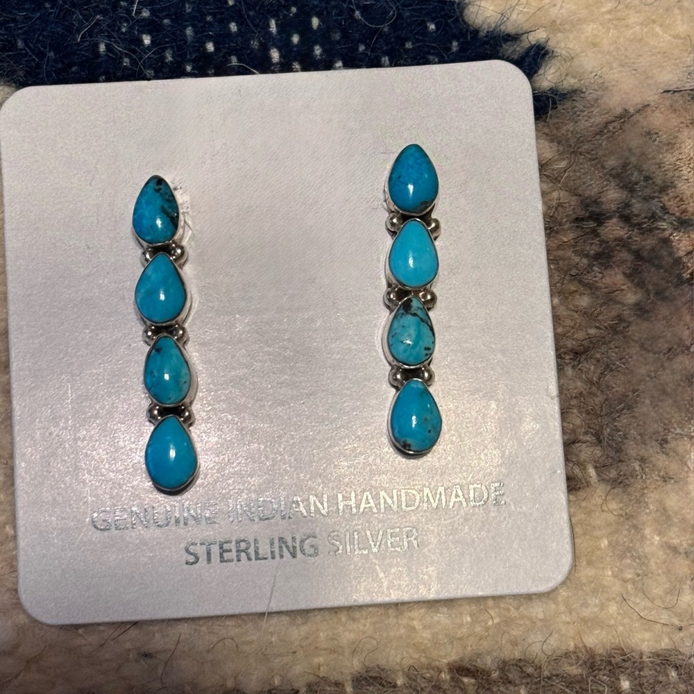 SS Navajo, Native American 4 Tear Drop Dainty Kingman Earrings by Running Bear